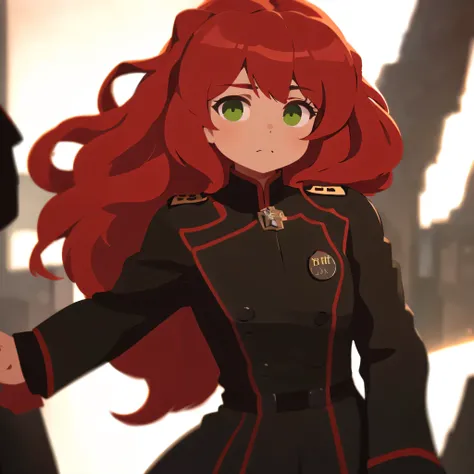 1girl, red hair, long hair, green eyes, black military uniform, german military uniform, highly detailed, photorealistic, hyper detailed, masterpiece, 8k, ultra-detailed, realistic, cinematic lighting, dramatic lighting, high contrast, rich colors, vibrant...