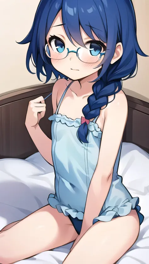 small breasted girl, short, elementary school student, blue hair, single braid, blue eyes, round eyes, shy, shy, , short, young face, short height, , glasses with no edges,Lingerie Set，bed, flat chest