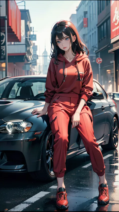 realisme 1.2 photograph of beauty woman korean, wearing red hoodie and long cargo pant with lot of pocket,white sneaker sitting on hood engine of NEW BMW M3 Red metallic chrome color with chrome shining wheel ,with rear spoiler carbon, body kitt,ceper, par...