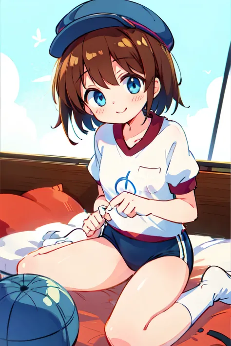 Helga Haruka,  blue eyes, Brown Hair,  short hair, Brown hat, traditional Japanese gym uniform , 1 girl, Alone,  smile, Love Hotel 