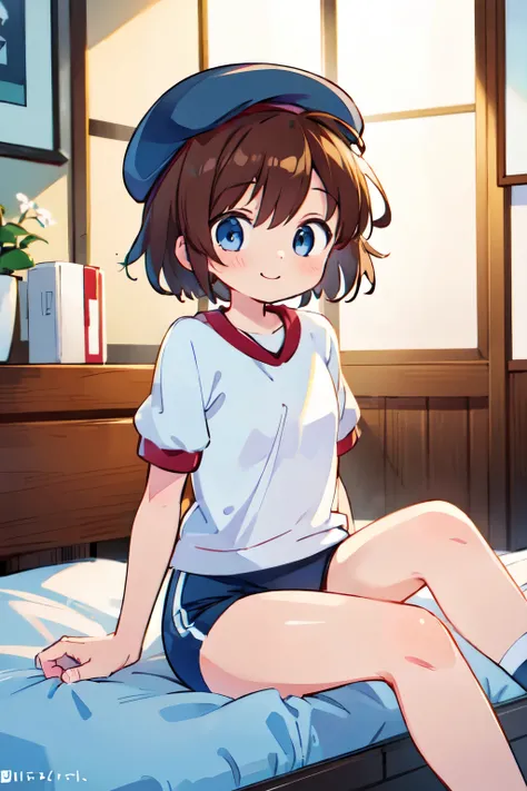 Helga Haruka,  blue eyes, Brown Hair,  short hair, Brown hat, traditional Japanese gym uniform , 1 girl, Alone,  smile, Love Hotel 