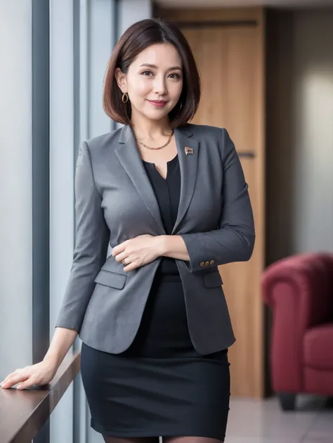 top quality, masterpiece, realistic , high definition , 8k RAW photo,Alone, One Girl , Cute beautiful mature woman、43 years old、 Standing 、smile、 short hair、( BUSINESS JACKET、 Business Skirt、 Ultra Realistic Pantyhose )、Wet inner thighs、 spread your ...