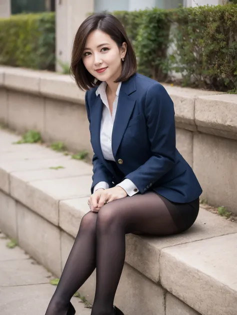 top quality, masterpiece, realistic , high definition , 8k RAW photo,Alone, One Girl , Cute beautiful mature woman、43 years old、 Standing 、smile、 short hair、( BUSINESS JACKET、 Business Skirt、 Ultra Realistic Pantyhose )、Wet inner thighs、 spread your ...