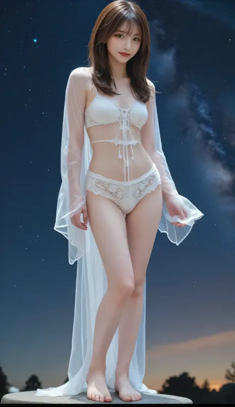 masterpiece, Beautiful Goddess of the Void,  full body wearing white transparent clothing standing under the stars at night in the sky, Disappearing transparent pants , Full body standing, Tall Person, Thin legs,  face details, Detailed body part details ,...