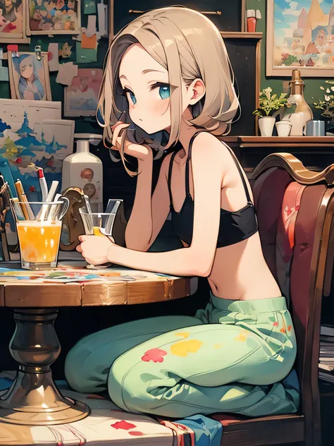 sideview,Alone,sitting Indian style,upside twist top hair,forehead,black bra,half pants,watching tv、 small round table 、juice glass 、Cool face、 cute fancy my own room、a painting:1.2、watercolor:1.2, The Art of Mathematics, Official Art, Masterpiece , beauti...