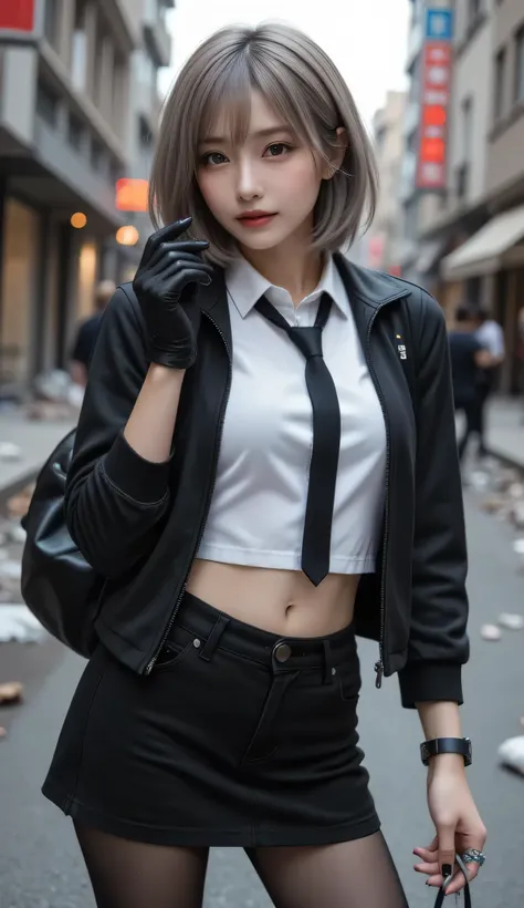  1 girl,  close-up shot, (Gray Hair,  medium hair,  Big Breasts, red eyes),  perfect anatomy, city,  Cyberpunk Style , (( white shirt,  black jacket ,  black skirt, belly button, belt, black gloves,  ties,  watch ,  earrings, Can you see through the black ...