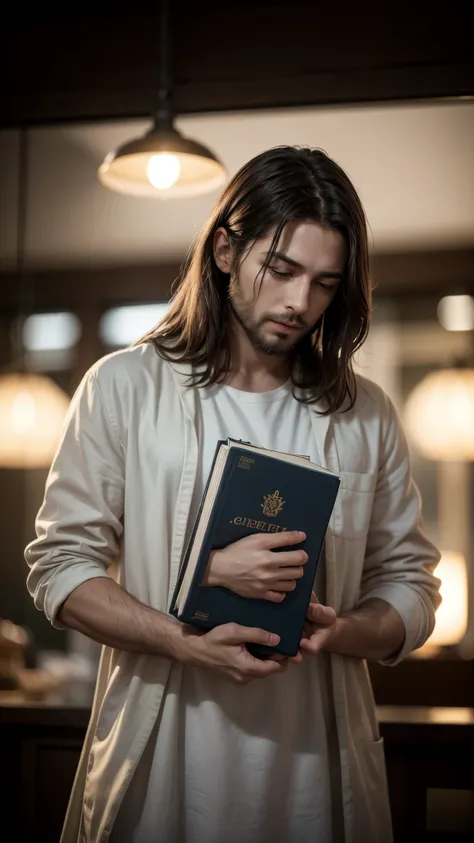 Create an image that shows Jesus with an open Bible preaching to many people, symbolizing the search for truth. A Man is Reflecting on the Side of the Bible, Demonstrating Introspection about the Faith. best quality, master part, High, 1 dragon,blush, Tynd...