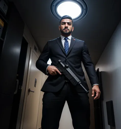 Age 27,One Man,、Iraqi handsome men。 black suit、salaryman、dark surveillance room、Carrying a handgun 、Cool fighting pose,,Muscular , short short hair　 looking at camera、　　View from below　Its exploding in the back