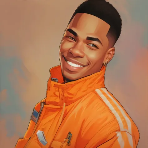 there is a young man smiling and wearing an orange jacket, high quality portrait, album photo, photo in style of tyler mitchell, album art, around 1 , coloured photo, taken in the mid 2000s, taken in the late 2000s,  profile picture, in a oil painting styl...