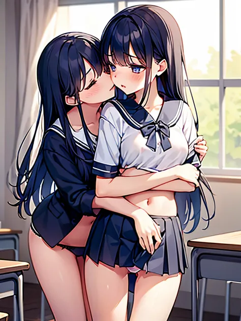     masterpiece  ,    High Quality   ,    3 girls stepping in groups ,   high school uniform 、 how it off、Standing、Desk corner、 Skirt Flip、Panties visible、Press your crotch、classroom、  good、Wet body、 wet panties、Pleasure、Touching the body、Sigh、Touching the...