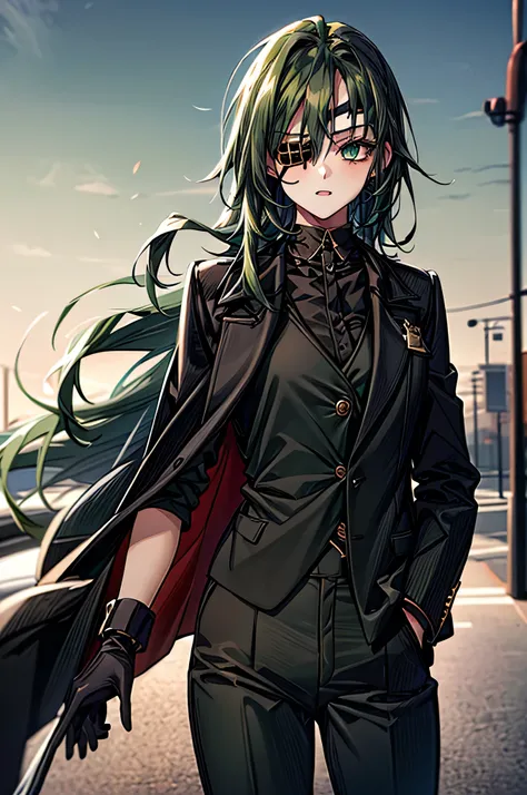  One Girl ，Dark green hair， long hair on background，Eye patch(right eye)， green eyes(left eye)， black suit， white shirt， black tie， black pants， Black Gloves ， is cool， handsome，Around town