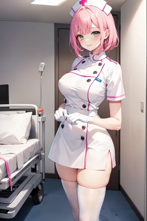 1woman, solo, nurse, white nurse cap, white nurse uniform, ((white legwear, zettai ryouiki)), white gloves, pink hair, green eyes, drooping eyes, pink lips, smile, standing, ((hospital room)), sharp outline, short sleeves, mature female, 32yo, best quality...