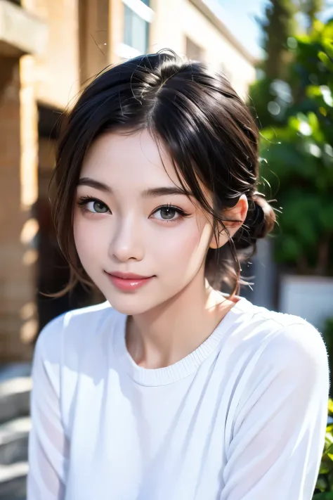 8K,extremely detailed eye、extra detailed face、best qualtiy、masterpiece、ighly detailed、ultra-detailliert、(realisitic、Photorealsitic:1.3)、A smile、(facing front)、Look at viewers、white shirt、A clear day、outside of house、1 Girls upper body