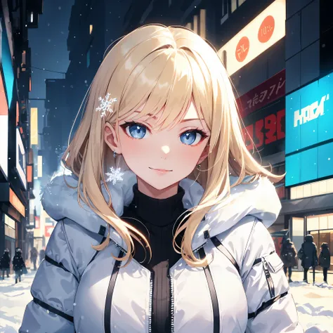 An anime-style portrait of a stunning blonde-haired woman with piercing blue eyes, her hair cascading gracefully beneath the hood of a sleek and stylish winter jacket. Snowflakes glisten in her hair as she stands in a snow-covered cyberpunk city, her expre...