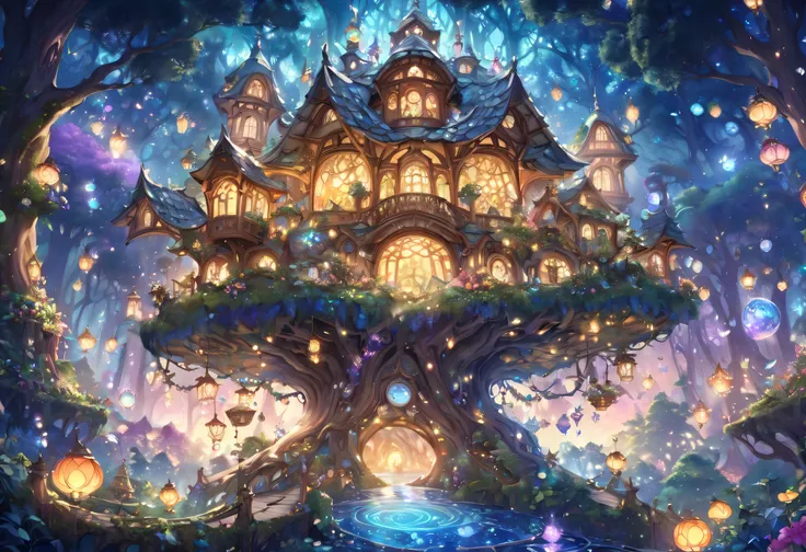 There is a tree house with lots of lights, enchanted  magical fantasyの森,  magical fantasy、 very detailed,  magical fantasyの森, Magic Tree,  Magical Environment , Enchanted and magical forest, Magic Background, Magic fairy background,  Detailed Fantasy Digit...