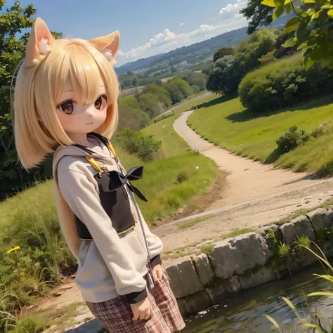 Shiba Inu girl in rural landscape