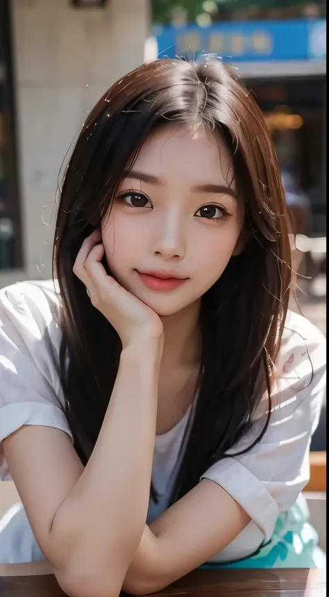 there is a woman with long hair sitting at a table, wan adorable korean face, shot on nikon z9, young adorable korean face, portrait of female korean idol, she has a cute expressive face, young cute wan asian face, captured on canon eos r 6, she has a cute...