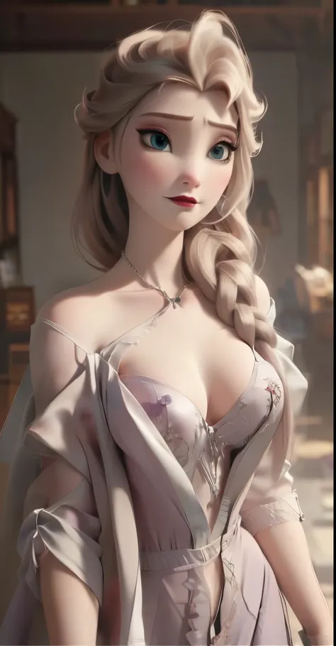  Elsa,chubby face,invent,face detail,blush,purple eye shadow, rose in hair,arise from,simple background, looking to the side,half shirt, White dress, No blouse, without bra, visible chest peak, (big ) (big breasted) (fully exposed chest) ( naked and visibl...