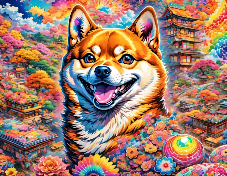 closeup of shiba inu dog head on colorful psychedelic background, Lisa Frank jigsaw puzzle, instagram, psychedelic art, extremely detailed and colorful, shiba inu, extremely detailed and hypnotic, psychedelic LSD, fire shiba inu, half shiba inu, 2D full bo...