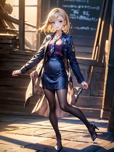 (1girl, masterpiece:1.5),(full body, best quality, highest quality, Highest Resolution, ,Detailed depiction, Detailed Images:1.3),4K,Beautiful woman, (stockings, high heels), Detailed depiction of faces, small earrings, necklace, (Navy blue military jacket...