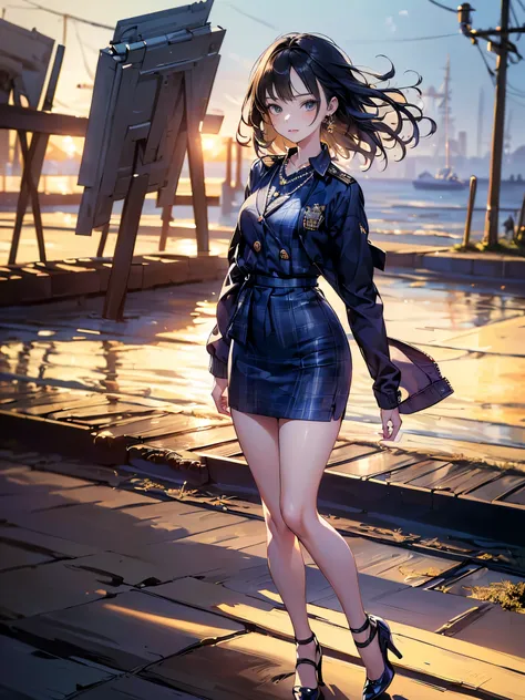 (1girl, masterpiece:1.5),(full body, best quality, highest quality, Highest Resolution, ,Detailed depiction, Detailed Images:1.3),4K,Beautiful woman, (stockings, high heels), Detailed depiction of faces, small earrings, necklace, (Navy blue military jacket...