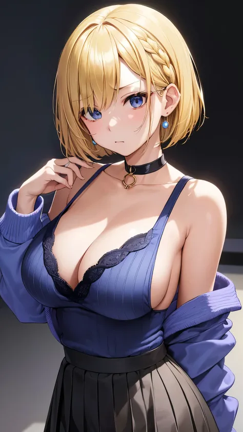 Umino Yuki 、 masterpiece ,  top quality、  top quality,(8k resolution),Beauty、(  looks like an adult), （  sexy perfect style  ）、(  very big breasts )、(  blonde bob cut:1.3)、(blue knit )、 big cleavage、(( Bring your chest closer ))、 earrings、 Choker、Side brai...