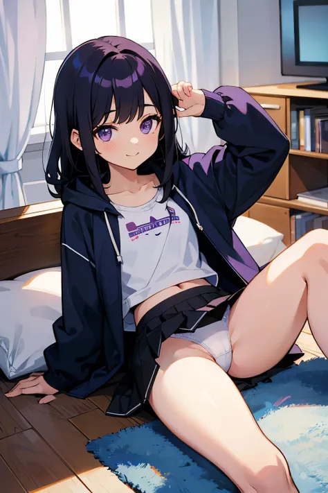  elementary school  toddler flat chest black hair 　 long hair 　 purple eyes　smile（（One person））black upper body hoodie　 lower body navy blue mini skirt　 white panties　 holding white socks （（ panties））　 girls room 　 is sitting on the bed and legs spread out...