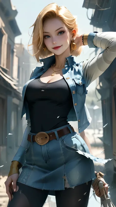 best quality, high-res, and18, 1girl, android 18, solo, blonde hair, blue eyes, belt, blue demin bodycon skirt, gold necklace, black shirt, short hair, long sleeves, striped sleeves, earrings, open vest, blue denim vest, large breasts, cowboy shot, forest,...