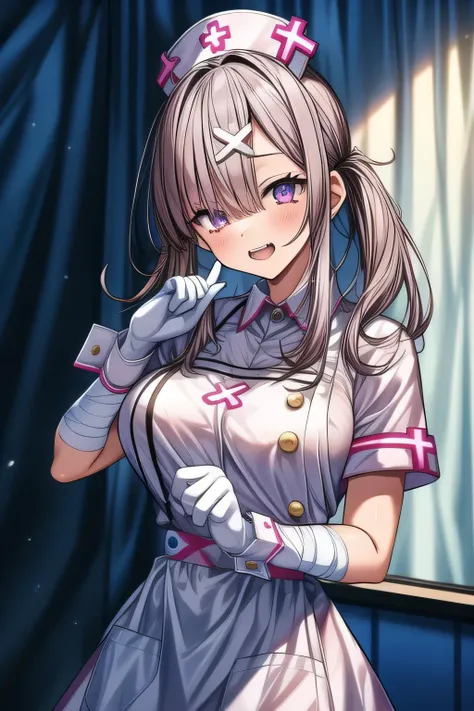 masterpiece, 1 girl, 18 years old, Alone ,  open her mouth ,  white gloves, bandage,  white apron, Short sleeve, nurse, bandageを巻かれた腕, wrist cuffs,  white dress, tooth,  Big Breasts ,,  whole body, Static Constraint,