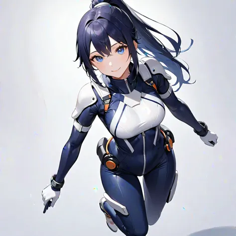 (​masterpiece、 top quality、 highest resolution、Clear image、 detailed images、 The angle is from above ): (solo、Lonely Girl、Japanese Face、 high knot ponytail、Dark blue hair girl、Sparkling Blue Eyes、( white and navy blue pilot suit with enamel finish、 white a...