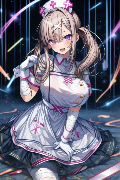 masterpiece, 1 girl, 18 years old, Alone ,  open her mouth ,  white gloves, bandage,  white apron, Short sleeve, nurse, bandageを巻かれた腕, wrist cuffs,  white dress, tooth,  Big Breasts ,,  whole body, Static Constraint,