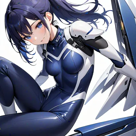 (​masterpiece、 top quality、 highest resolution、Clear image、 detailed images、 The angle is from above ): (solo、Lonely Girl、Japanese Face、 high knot ponytail、Dark blue hair girl、Sparkling Blue Eyes、( white and navy blue pilot suit with enamel finish、 white a...