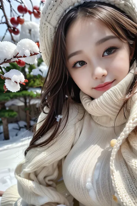 8k wallpaper,  RAW photos , (( Tree with white powder snow falling and piled up  々Leaves:1.4　Damp Feel  :1.4 )) 、 (smile:1.1)、( Big Breasts :1.2 )、(  Diamond Earrings  )、( beautiful )、(  Long Bunched Brown Hair 、Thick hair、gloss々Hair )、( Crunchy Silver Eye...