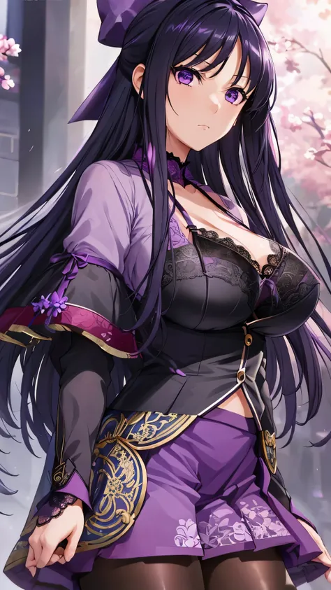 Akane Ryuzoji、 ( top quality) 、 ( top quality) 、( masterpiece )、(8k resolution),Beauty、(  mature )（  perfect style ）、(  very big breasts :1.3)、 Dark blue long hair、  purple ribbon 、 Angry face、（ Get closer ）、(  black and purple lace garter belt)、(black and...