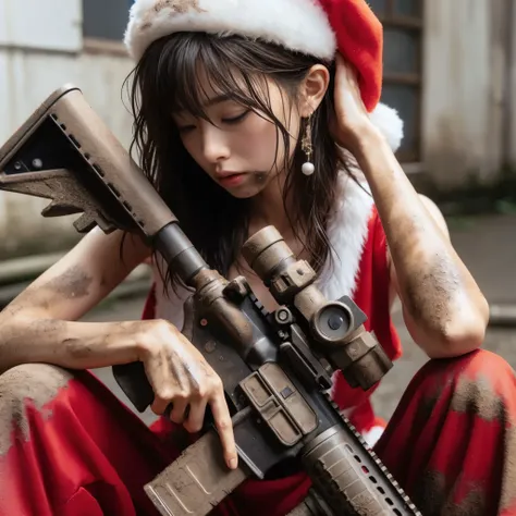 8k,  Photorealistic 、 full shot 、 Realistic Skin Texture 、、 beautiful Japanese woman living in America 、 with long hair tied 、 stains、He is wearing a tattered Santa Claus costume and holding an automatic rifle、 Santa Claus hat 、🎅、Age 30、 Im tired、Running w...