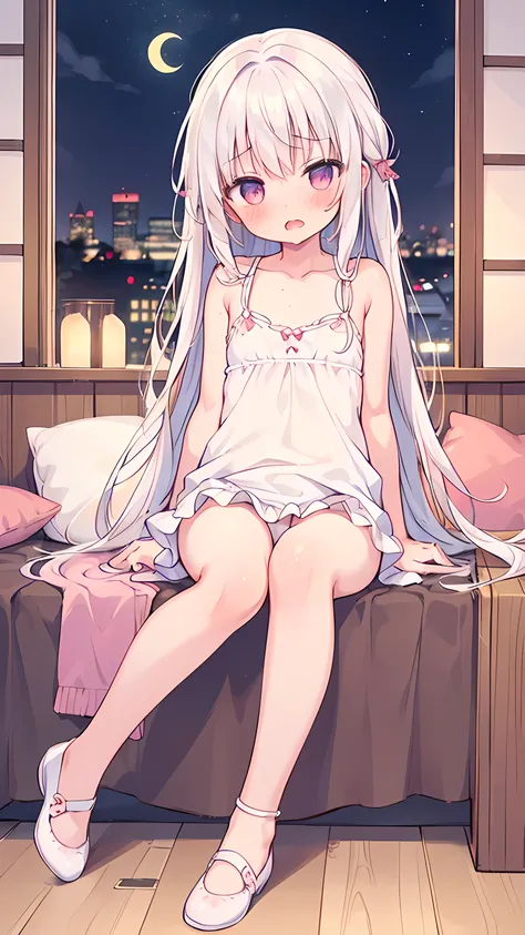 1 girl, solo, torogao, indoors , room,bare legs, shoes, long white hair, ((flat chest )),((blush)), saliva, ((open mouth)),drooling , night, white camisole
