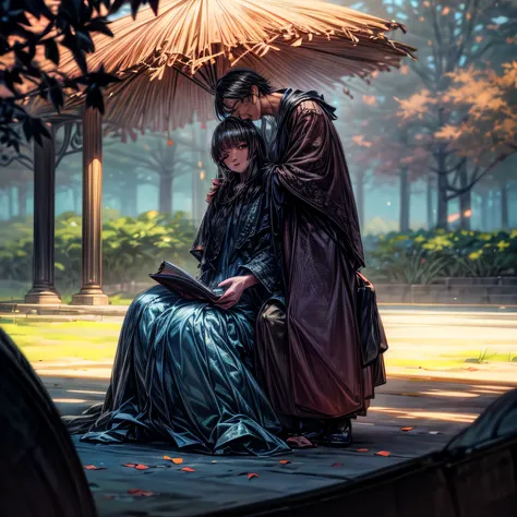  Alaf couple reading a book with their dog in the park,  reading a book about love ,  Warm beautiful scene  , Reading under a tree , absolutely, Autumn season, absolutely outstanding image, Romance novel cover, Cozy Wallpaper,  cozy vibe , Read a new book,...