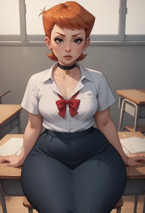 score_9, score_8_up, score_7_up, BREAK, 1girl, solo, black eyes. ginger. small saggy breasts. bbw. huge hips. dextersmom, makeup, jewelry, mature female, choker. Japanese school uniform. school. desk. sitting