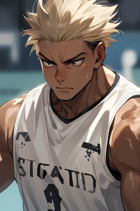  Male basketball player, high, strong, Very beautiful,  short blond hair , Combed backwards ,  tanned skin . playing basketball.