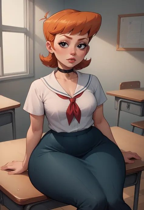 score_9, score_8_up, score_7_up, BREAK, 1girl, solo, black eyes. ginger. small saggy breasts. bbw. huge hips. dextersmom, makeup, jewelry, mature female, choker. Japanese school uniform. school. desk. sitting