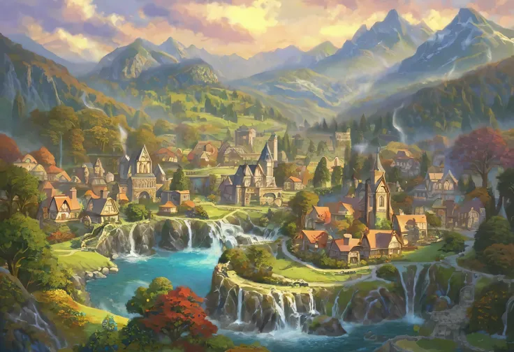 a puzzle piece with a mountain and a village in the background, a jigsaw puzzle inspired by Thomas Kinkade, CG Society Contest Winner , Process Art, puzzle art, 4k Matt Thomas Kinkade , Epic Mountain 々, Mysterious , puzzle, Rivendell, Thomas Kinkade S...