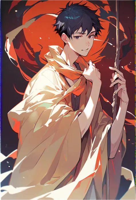 Single,  unique ,  A male,  black hair, Short hair,  black eyes, teenager, thin, Necromancer, Magic robe, A staff like a trunk,  expression of indifference ,  pale skin , In the night