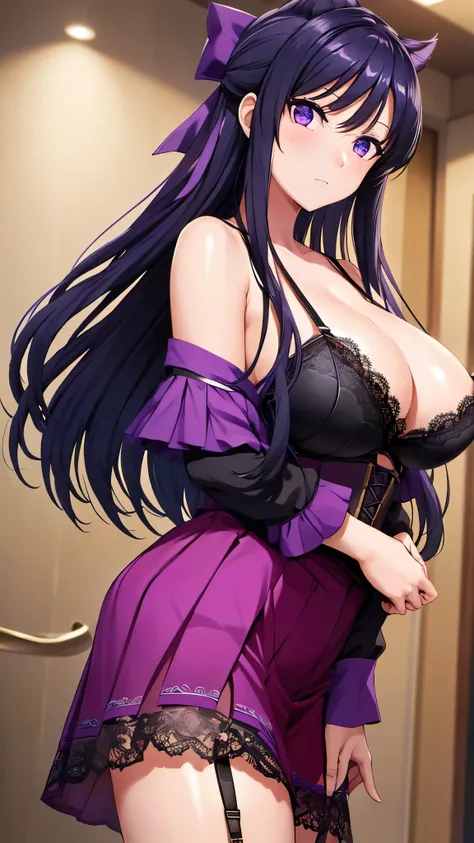 Akane Ryuzoji、 ( top quality) 、 ( top quality) 、( masterpiece )、(8k resolution),Beauty、(  mature )（  perfect style ）、(  very big breasts :1.3)、 Dark blue long hair、  purple ribbon 、 Angry face、（ Get closer ）、(  black and purple lace garter belt)、(black and...