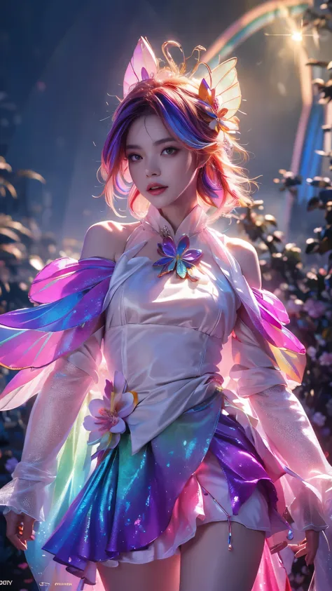 8K, masterpiece, 1 girl, beautiful face, very long hair, light makeup, (glossy skin), detailed eyes, detailed lips, small bust, fantasy clothing, blowing wind, ((rainbow clothing:1.5)), ((mesh clothing)), fantasy, ((ornaments)), ((fantasy petticoat)), ((ba...