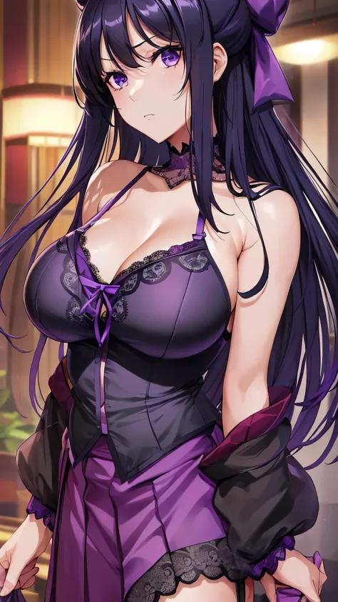 Akane Ryuzoji、 ( top quality) 、 ( top quality) 、( masterpiece )、(8k resolution),Beauty、(  mature )（  perfect style ）、(  very big breasts :1.3)、 Dark blue long hair、  purple ribbon 、 Angry face、（ Get closer ）、(  black and purple lace garter belt)、(black and...