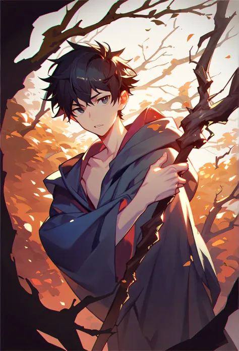 Single,  unique ,  A male,  black hair,  Messy Short Hair,  black eyes, teenager, thin, Necromancer, Magic robe, Branches Staff ,  expression of indifference ,  pale skin , At night