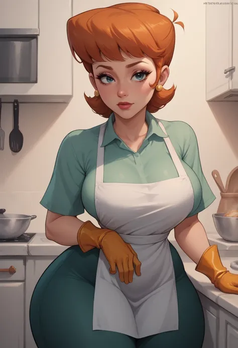score_9, score_8_up, score_7_up, BREAK, 1girl, solo, breasts,  dextersmom, makeup, jewelry, gloves, shirt, apron, kitchen, upper body, portrait, mature female, simple background, thick thighs, wide hips, big ass, showing buttcrack slightly, showing big but...