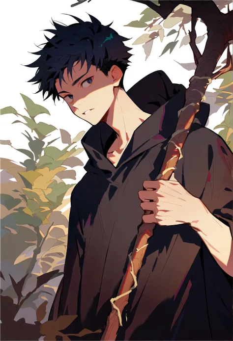 Single,  unique ,  A male,  black hair,  Messy Short Hair,  black eyes, teenager, thin, Necromancer, black magic robe, Branches Staff ,  expression of indifference ,  pale skin , At night