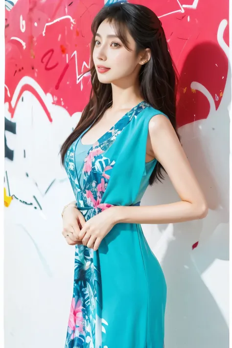 Flat Illustration artwork, ((Angelababy)) in a dress standing in front of simple background, up close, ((Art style by Patrick Nagel)), ((8k, wallpaper, detailed)), dark sunglasses, korean pop-star, big smile, black hair, pretty hands, fringe, simple red ba...