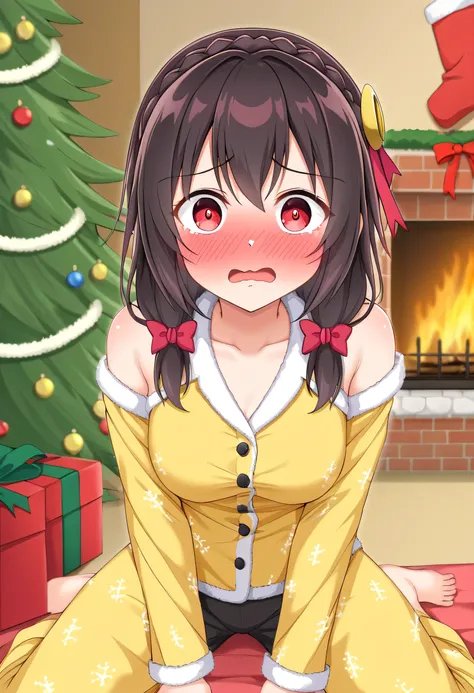 yunyun、masterpiece, top quality,  high definition ,(One person), Yunyun、  Crown Braid the same color as her hair,  black hair、 red eyes、 Hair Accessory , ( yellow pajamas with my shoulders out )、Pajamas with black shorts 、 big-breasted 、(blush)、( Christmas...